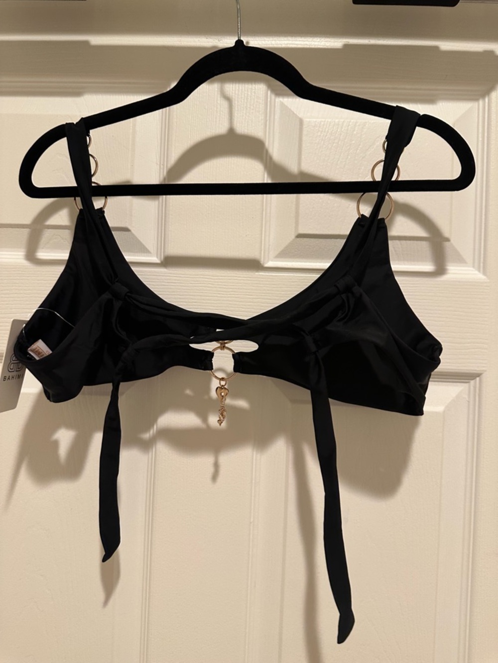 Black Tie-Front Bikini Top with Gold Accent